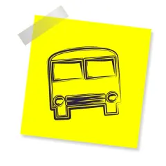 Szkic autobusu na żółtej kartce, przypominający pks namysłów rozkład jazdy.