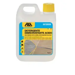 Detergente acido tamponato per gres e altre superfici resistenti. Rimuove sporco da cantiere, calcare e ruggine, rispettando fughe e metalli.
