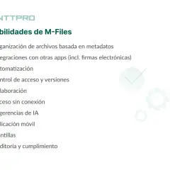 Lista de funcionalidades de M-Files, destacando la organización de archivos basada en metadatos, que explica el significado de metadatos en la gestión documental.