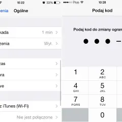 Ekran iPhone'a z ustawieniami. Widać opcję "Ograniczenia" i prośbę o podanie kodu, co sugeruje kontrola rodzicielska iPhone.