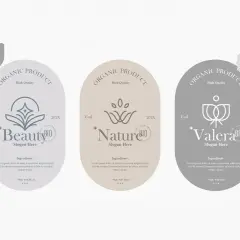 Projekt etykiet dla składu kosmetyków: "Beauty", "Nature", "Valera". Eleganckie, organiczne wzory.