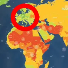 Mapa świata z zaznaczonym na czerwono obszarem Europy. Kolory wskazują poziom zagrożenia, sugerując, które najniebezpieczniejsze miasta w Europie mogą być w strefie ryzyka.