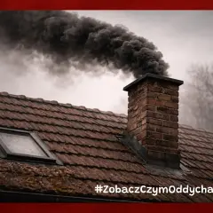 Ciemny dym wydobywa się z ceglanego komina na tle pochmurnego nieba.