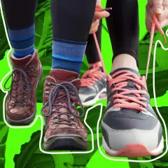 Comparing approach vs hiking shoes. One pair is sturdy, brown hiking boots, the other is a modern, grey and pink sneaker being laced up.