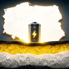 Bateria z symbolem błyskawicy na tle Polski, symbolizująca potencjał energetyczny kraju. Skala kurtyki ukazuje warstwy ziemi.