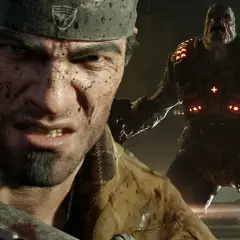 Ein Soldat im Kampf, im Hintergrund ein Locust-Krieger. Ein Moment aus Gears of War: E-Day.