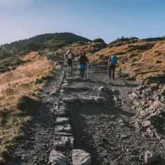 Rodzina wędruje po górskim szlaku. Na plecach jednego z rodziców widać dziecko w chuście.