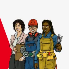 Drei Personen, ein Beitrag für die Metallbranche: eine Frau mit Aktenkoffer, ein Mann mit Schutzhelm und Winkelschleifer, eine Frau mit Werkzeuggürtel und Falzbein.