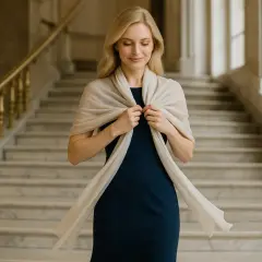 Elegancka kobieta w granatowej sukience i beżowym szalu, pokazująca, jak nosić szal do sukienki.