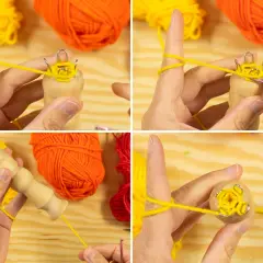 Schritt-für-Schritt-Anleitung zum Herstellen eines Strickliesel-Armbands mit gelbem Garn.
