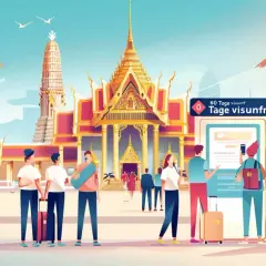 Touristen freuen sich auf Thailand 60 Tage ohne Visum. Palmen, Tempel und ein Willkommensbildschirm.