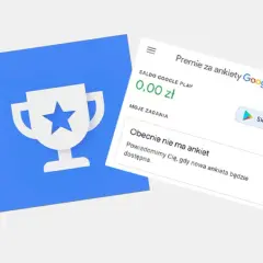 Ikona pucharu i ekran aplikacji Google Play z informacją o braku dostępnych ankiet. Zarabiaj na ankiety Google płatne!