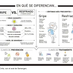 Infografía compara gripe y resfriado, detallando síntomas como fiebre alta y dolor muscular, claves de prevención y tratamiento. Útil para identificar síntomas gripe a en niños.