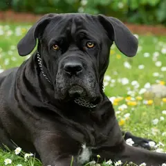Un majestuoso perro cane corso negro descansa en un prado lleno de flores silvestres blancas y amarillas.