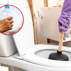Ręka w fioletowej rękawiczce używa przepychacza, by jak odetkać toaletę butelka. W kółku ręka trzyma plastikową butelkę.