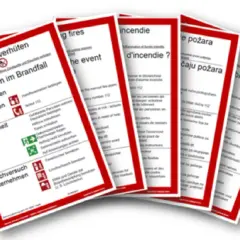 Mehrsprachige Brandschutzordnungen, die die Pflicht zur Brandverhütung und das Verhalten im Brandfall erklären.