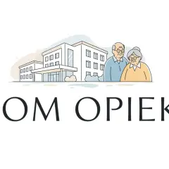 Ilustracja domu opieki z parą starszych ludzi i napisem "DOM OPIEKI".