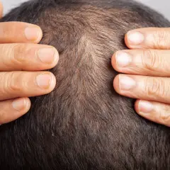 Man tocándose la cabeza, preocupado por la caspa y el posible dolor cuero cabelludo.