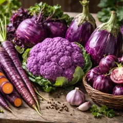 Lila Karotten, Auberginen, Blumenkohl und Tomaten – ein Fest für die Augen und eine Inspiration für einen lila Salat.