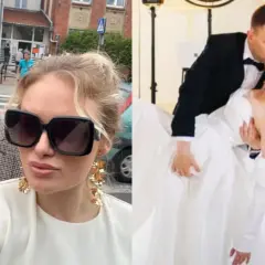 Łukasz Grabarczyk i jego żona w dniu ślubu. Para całuje się na parkiecie, otoczona mgłą.