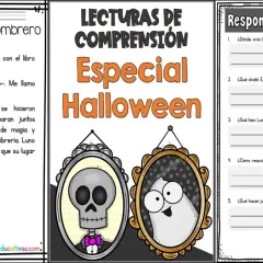 Un gato negro y una niña celebran Halloween. Actividad de comprensión lectora con preguntas sobre la historia de Emma y Luno.