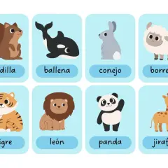 Tarjetas educativas con dibujos de animales para niños: ardilla, ballena, conejo, borrego, tigre, león, panda y jirafa.