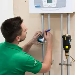 Instalator sprawdza, gdzie zamontować separator zanieczyszczeń przy kotle.