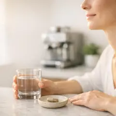 Donna con bicchiere d'acqua e capsula di ashwagandha. Il momento giusto per assumerla? Scopri quando prenderla per massimizzare i benefici.