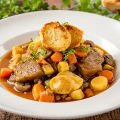 Un plat réconfortant de veau marengo, mijoté avec des carottes, des pommes de terre et des champignons, garni de croûtons croustillants.