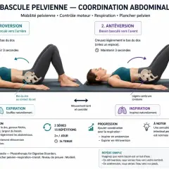 Femme en position allongée effectuant des mouvements de bascule pelvienne pour assouplir les lombaires, alternant rétroversion et antéversion.