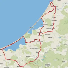 Mapa z zaznaczoną trasą z Koszalina do Mielna. Trasa prowadzi przez Darłowo i wzdłuż wybrzeża.