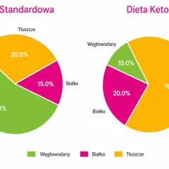 Wykresy porównujące skład diety standardowej (dużo węglowodanów) i diety keto (dużo tłuszczu). Dieta keto efekty widoczne w proporcjach makroskładników.