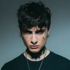Giovane uomo con piercing e tatuaggi, sguardo intenso, un'aura che ricorda la **rosa chemical**.