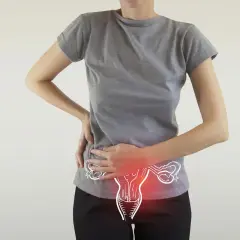 Donna con mani sull'addome, evidenziato un disegno dell'utero con aree rosse. Possibili cause di ovulazione dolorosa.
