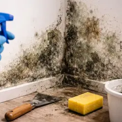 Rękawica w niebieskiej rękawiczce trzyma butelkę z płynem do czyszczenia, celując w narożnik ściany pokryty pleśnią. Obok leżą szpachelka, gąbka i wiaderko.