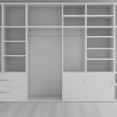 Un placard profond blanc avec étagères, penderies et tiroirs, idéal pour aménager un espace de rangement optimisé.