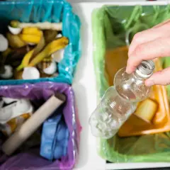 Segregacja odpadów: czy śmieci do segregacji należy myć? Widać kosze na bioodpady, papier i plastik.