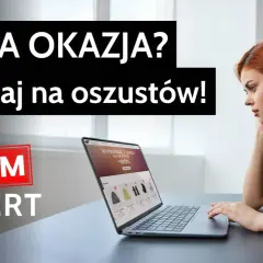 Kobieta patrzy na laptopa z ofertą "Black Friday -80%". Napisy "MEGA OKAZJA? Uważaj na oszustów!" i "SCAM ALERT" ostrzegają przed oszustwami w promocji elektronicznej.