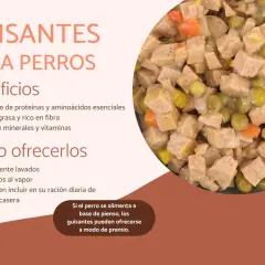 Un plato de comida para perros con trozos de carne, zanahoria y guisantes. Los perros pueden comer guisantes, son beneficiosos y se pueden ofrecer como premio.