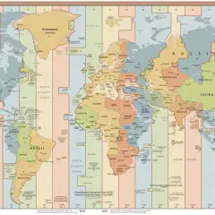 Mapa świata z podziałem na strefy czasowe. Od zachodu na wschód, od -11 do +12. To jest czas.