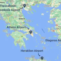 Mapa Grecji z zaznaczonymi lotniskami: Macedonia Airport, Athens Airport, Diagoras Airport, Heraklion Airport.