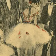 Ta grafika przedstawia baletnicę w białej tutu, z czerwonymi akcentami na gorsecie i spódnicy. W tle widać inne postacie w ciemnych strojach.