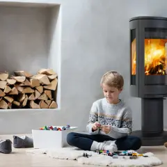 Chłopiec bawi się klockami przy nowoczesnym, wolnostojącym piecu żeliwnym, w którym pali się ogień. Obok stos drewna i koszyk.