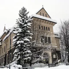 Zimowy dzień w muzeum Tatrzańskiego Parku Narodowego. Śnieg otula drzewa i budynek, tworząc bajkową scenerię.