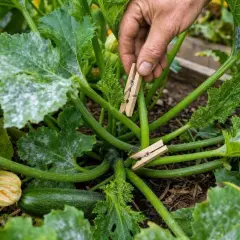 Main d'un jardinier plaçant des pinces à linge sur une courgette atteinte d'oidium. Les feuilles sont couvertes d'une poudre blanche.