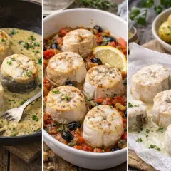 Trois préparations de saumonette de roussette : en sauce crémeuse, avec des tomates et olives, et nature avec des pommes de terre.