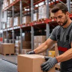 Ein Mann in Arbeitskleidung sortiert Pakete in einem Lager. Seine Hände, geschützt durch Handschuhe, greifen nach einem Karton auf einem Förderband. Dies ist typische Logistik Arbeit.
