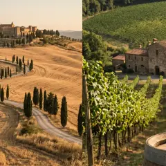 Paesaggio toscano con borgo collinare e vigneti rigogliosi, un bicchiere di vino rosso su una botte, evocando l'essenza della vinicola Chianti.