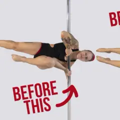 Kobieta wykonuje figury na drążku. Pokazuje progres w **iron pole dance** od trudniejszej pozycji do łatwiejszej.