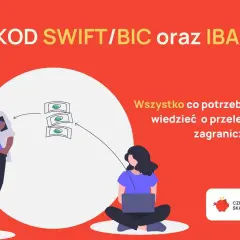 Jak znaleźć swój numer IBAN? Grafika pokazuje ludzi dokonujących przelewów zagranicznych, z informacją o kodzie SWIFT/BIC i IBAN.